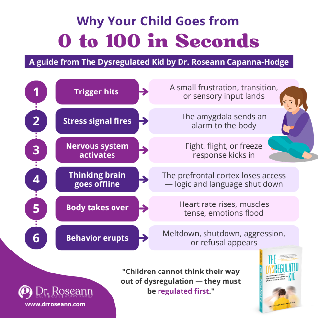 Infographic showing the 6-stage dysregulation spiral in kids from trigger to meltdown — from The Dysregulated Kid by Dr. Roseann Capanna-Hodge